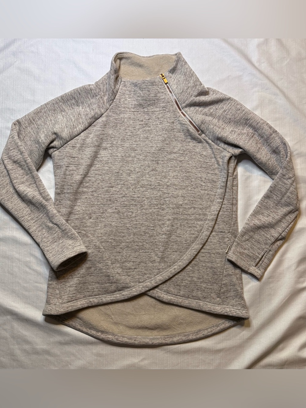 Athleta Cozy Karma Asym Pullover Heather Beige Rose Gold Zipper Medium